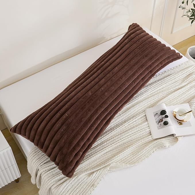 Full Body Pillow with Fluffy Stripe Faux Fur Removable Cover, Long Bed Pillow Adult 20x54 Inches for Side Sleeper and Pregnancy, Coffee.