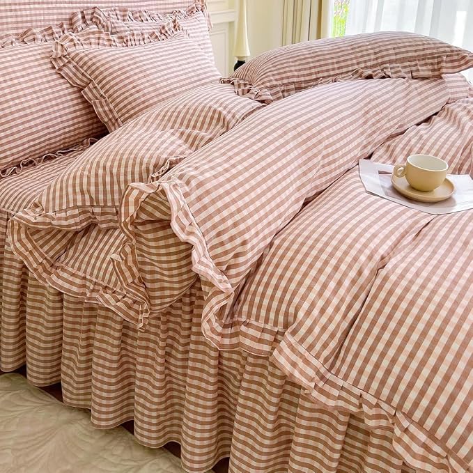 LifeTB Pink Gingham Comforter Set Full Ruffle Pink Plaid Comforter Set 3 Pieces Grid Checkered Pattern Comforter with 2 Pillowcases Fluffy Boho Farmhouse Gingham Bedding Comforter for All Seasons