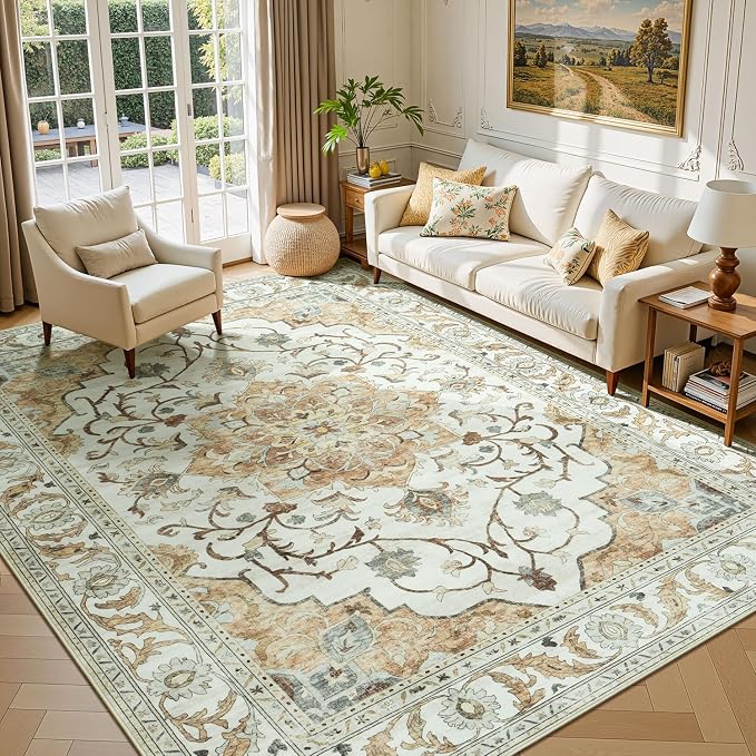 Area Rugs 8x10 for Living Room,Large Washable Carpet Light Beige | Boho & Vintage,Non Slip Backing,Works With All Vacuums,0.25inch Low Pile for Bedroom Dining Room Home Office,Family Friendly
