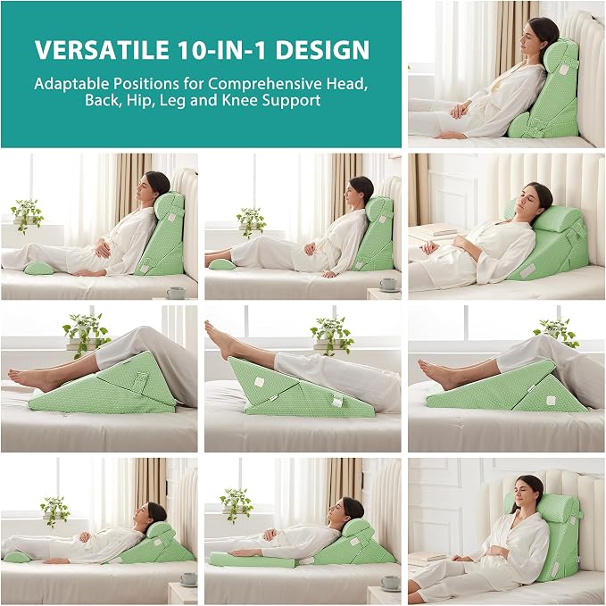 Adjustable 4pcs Bed Wedge Pillow Set, Memory Foam Wedges Pillow Post Surgery for Back, Neck, Leg Pain Relief, Pillows Wedge for Sleeping, Sitting up in Bed, Acid Reflux and GERD, Green