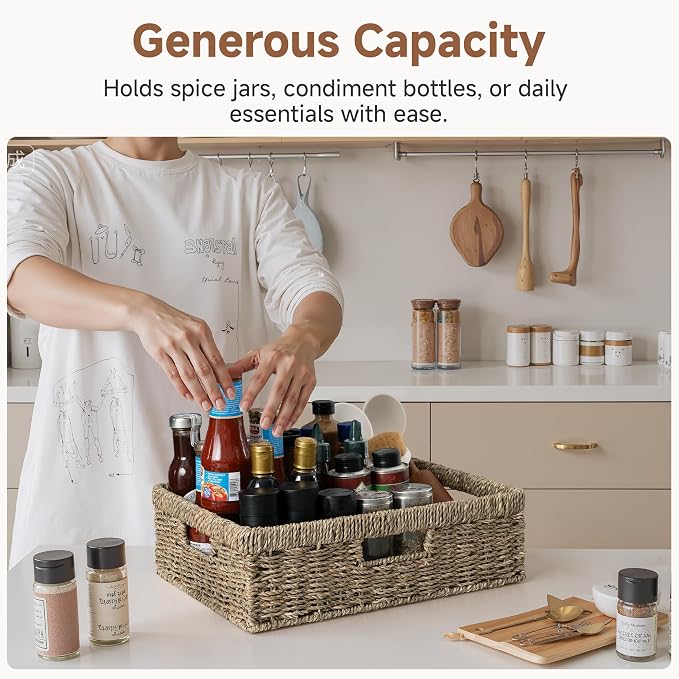 StorageWorks Pantry Baskets, Wicker Storage Baskets, Shallow Basket, 1-Pack | Seagrass Baskets, Wicker Storage Baskets for Organizing, Pantry Organizers and Storage, Woven Baskets, 15¼"L x 11¾"W x 4 ¾"H