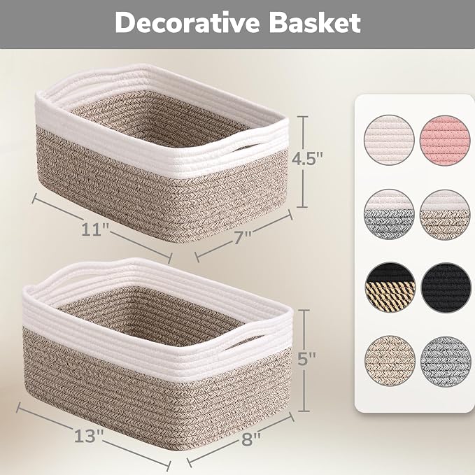 Goodpick 3-Pack Cotton Rope Baskets for Shelves, 13 x 8 x 5 in | Woven Baskets for Closet Fit Bedroom Lving Room, Baby Baskets for Gift Empty, Dog Toy Basket for Pets, White & Brown