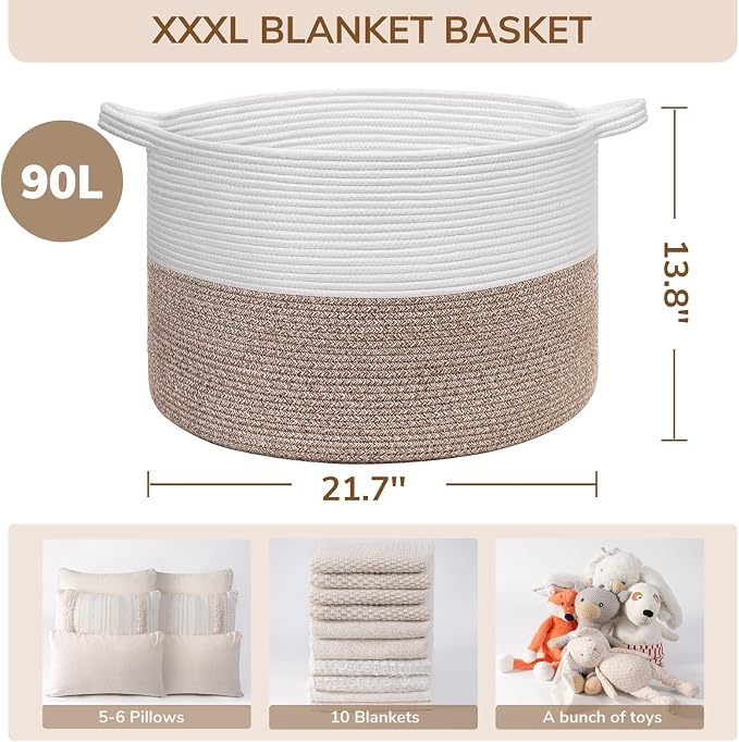 INDRESSME XXXLarge Woven Rope Blanket Basket Living Room Brown, 90L | 21.7" x 13.8" Storage baskets for toys laundry & pillows. Fits living room, bedroom or nursery décor. Soft-touch with handles