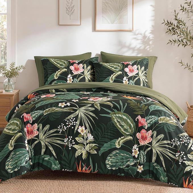 Full Size Comforter Sets - 7 Pieces Floral Bed in a Bag Full Bedding Set | Dark Green Botanical Flowers Comforter Set with Sheets, Pillowcases & Shams for All Seasons