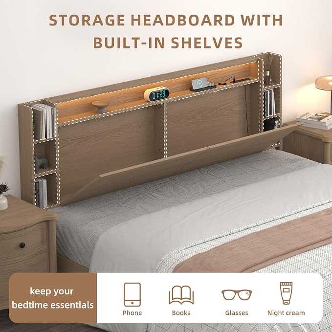 Queen Wall Mount Solid Wood Leg Headboard with Storage | Headboard Only,USB Charging ,Rgb Light,Modern backboard,Integrated fit,Sturdy and Stable Bed Board