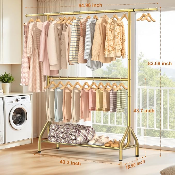 EAGMAK Double Rod Clothing Rack Load 622 LBS, Heavy Duty Clothes Rack for Hanging Clothes, 82.68 inch High Garment Rack with Sotrage Shelves, Metal Clothing Hanger Closet Wardrobe Organizer (Gold)