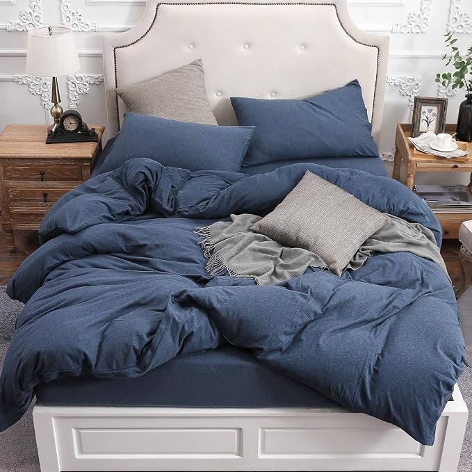 PURE ERA Jersey Knit Sheet Set Heather Navy Blue Queen | 100% Cotton, 3 Piece Set, T Shirt Soft, Breathable, Envelope Closure Pillowcases, Hidden Zipper, 8 Ties, No Insert, Modern