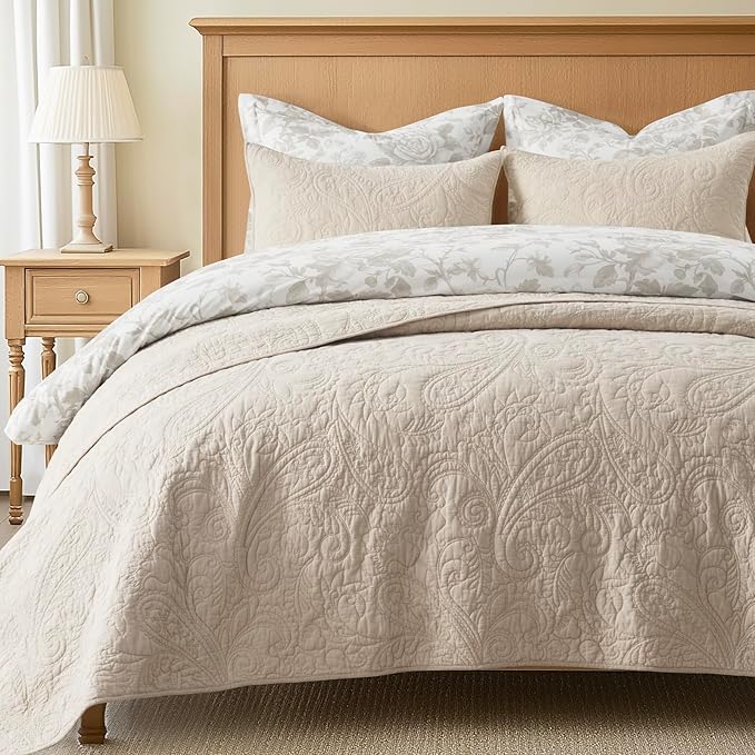 EVERGRACEHOME 100% Cotton Paisley Quilt Set, Queen Size, Flax Beige | Prewashed for Softness, Year-Round Breathability, Gift-Ready Box, Matelasse-style Quilted Coverlet, 3 Piece Set with 2 Shams
