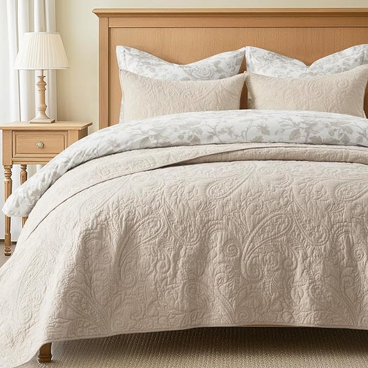 EVERGRACEHOME 100% Cotton Paisley Quilt Set, Queen Size, Flax Beige | Prewashed for Softness, Year-Round Breathability, Gift-Ready Box, Matelasse-style Quilted Coverlet, 3 Piece Set with 2 Shams