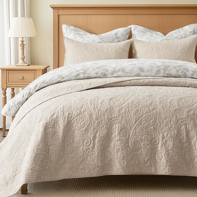 EVERGRACEHOME 100% Cotton Paisley Quilt Set, King Size, Flax Beige | Prewashed for Softness, Year-Round Breathability, Gift-Ready Box, Matelasse-style Quilted Coverlet, 3 Piece Set with 2 Shams