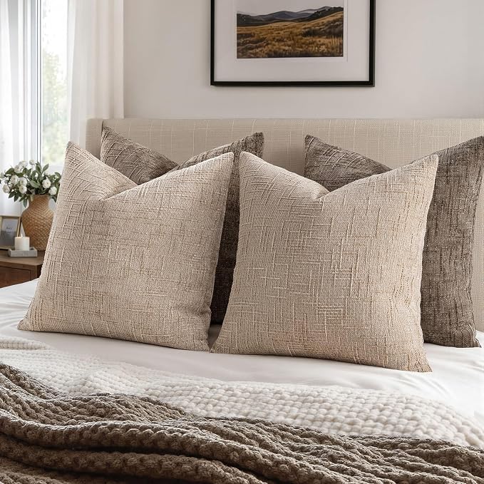 MIULEE Chenille Textured Throw Pillow Covers Oatmeal 18x18 Set of 2 | Slubby Decorative Pillows, Boho Farmhouse Home Decor, Modern Neutral Cushion Covers for Couch Sofa Bed Living Room