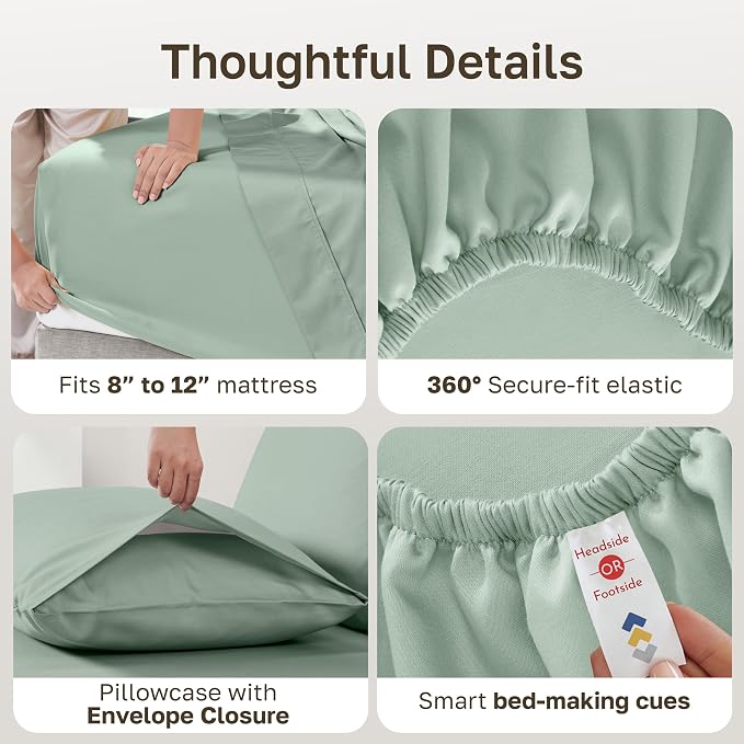 Soft Natural 100% Cotton Sateen Twin Bed Sheet Set, 3 Pc Set, Frosty Green | Backed by Good Housekeeping Seal, Light & Breathable For Hot Sleepers, All-Around Elastic, Durable, Easy Care