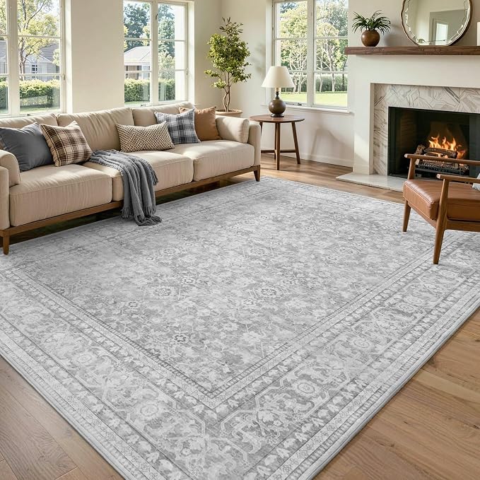6x9 Ft Large Area Rugs for Living Room, Soft Non-Slip Machine Washable Rug, Vintage Stain Resistant Carpets for Bedroom Nursery Dining Room Home Decor (Grey)