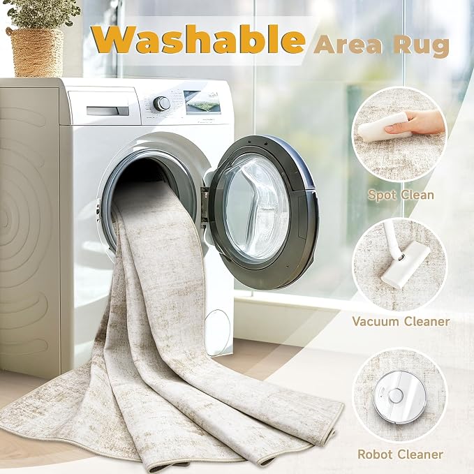 9x12 Area Rugs Washable Rug: Abstract Neutral Rugs Modern Non Slip Area Rug Stain Resistant Low Pile Indoor Carpet for Dining Room Bedroom Nursery Office (Beige, 9'x12')