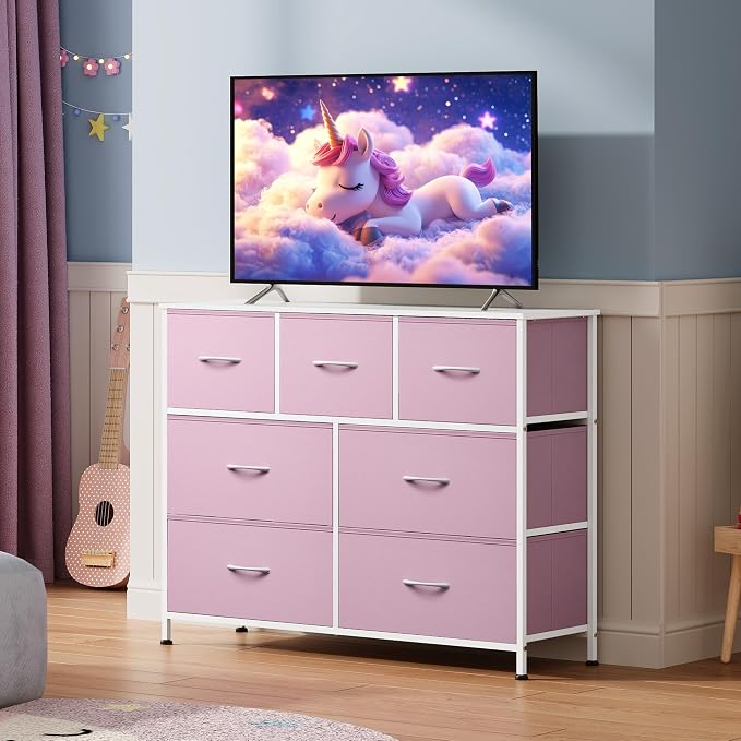 WLIVE Dresser for Bedroom, 7 Drawers, TV Stand, A-Pink | 7 roomy fabric drawers, Fits TVs up to 45 inch, Bedroom or living room, Wide storage design, Chest of drawers