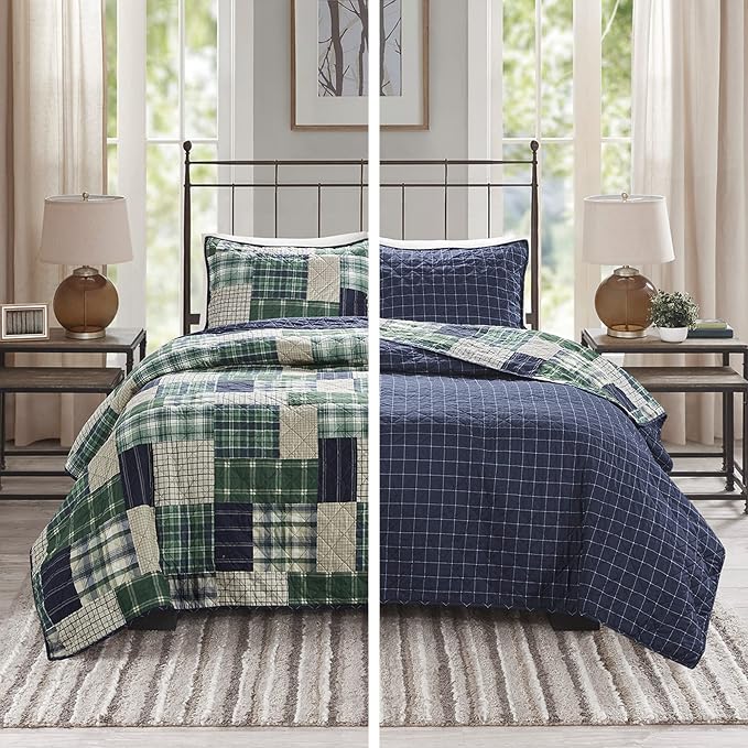 Madison Park Patchwork Farmhouse Green/Navy Queen Quilt Set, 3pc | Diamond Quilted, Reversible Coverlet Set, Plush Cotton Filled, Lightweight, Machine Washable, Easy Care, All-Season, Cozy