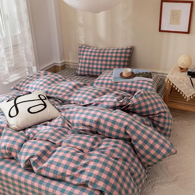LifeTB Purple Pink Plaid Comforter Set Full Geometric Checkered Pattern Comforter Boho Grid Plaid Printed Bedding Comforter Set Fluffy Soft Lightweight Bedding Comforter Full Size with 2 Pillowcases