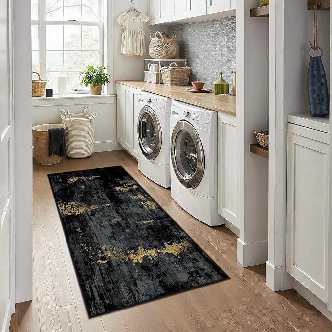 RELEANY Washable Runner 3'x6' Abstract Area Rug for Hallway Black Gold | Carpet for Kitchen, Entryway, Bathroom, Living Room, Bedroom, Printed Pattern, Non‑Slip, Soft, Stain‑Resistant, Easy to Clean