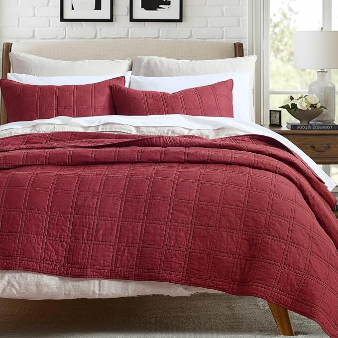 HORIMOTE HOME 100% Cotton Quilt Set Queen Size, Burgundy Pre-Washed Bedspreads Coverlet Set in Geometric Pattern, Cozy Lightweight Stitching Decorative Bedding Cover with 2 Shams for All Season