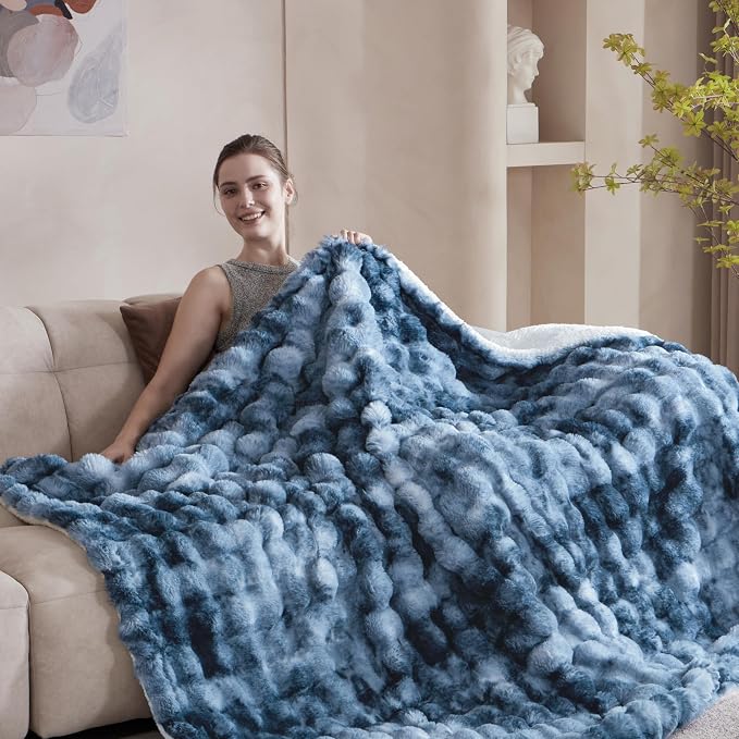 50x60 Inches Ultra-Soft Fuzzy Faux Fur Plush Throw Blanket - Thick, Warm Sherpa for Couch, Sofa, Bedroom, Camping - Decorative Blanket for Cozy Warmth, Bubble Dark Blue Tie Dye
