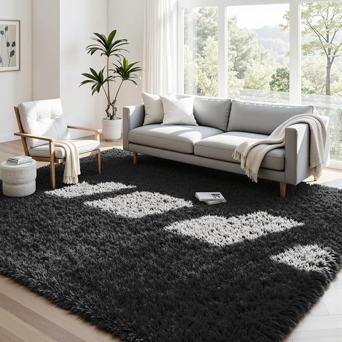 4x6 Fluffy Shag Area Rugs for Living Room Bedroom: Soft Plush Carpet Black | Upgraded Non-Slip Thick Memory Foam, Ultra Soft, Non-Shedding Fuzzy Carpet, Easy Clean Decor for Kids Room, Nursery, Playroom