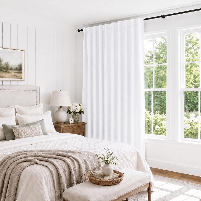 Deconovo 100% Blackout Curtains for Bedroom, Linen Textured Thermal Insulated Drapes with 20 Clip Rings, Noise Reducing Curtains for Nursery, Set of 2, White, 100" W x 96" L (Pack of 1)