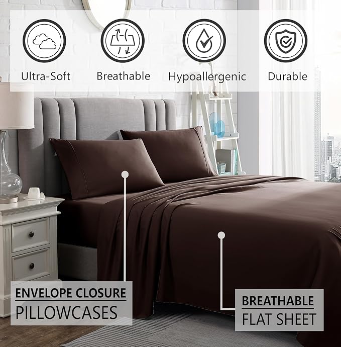 American Home Collection King Sheet Set - Ultra-Soft Microfiber 15-Inch Deep Pocket - Wrinkle Free and Fade Resistant (Brown)