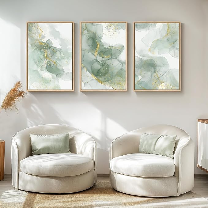 Large Framed Sage Green Gold Abstract Wall Art, 3 Piece Set, Each 20x30 In | Green gold pictures, Canvas print, Wood frame, Modern painting, Minimalist artwork, Wall decor for living room bedroom dining