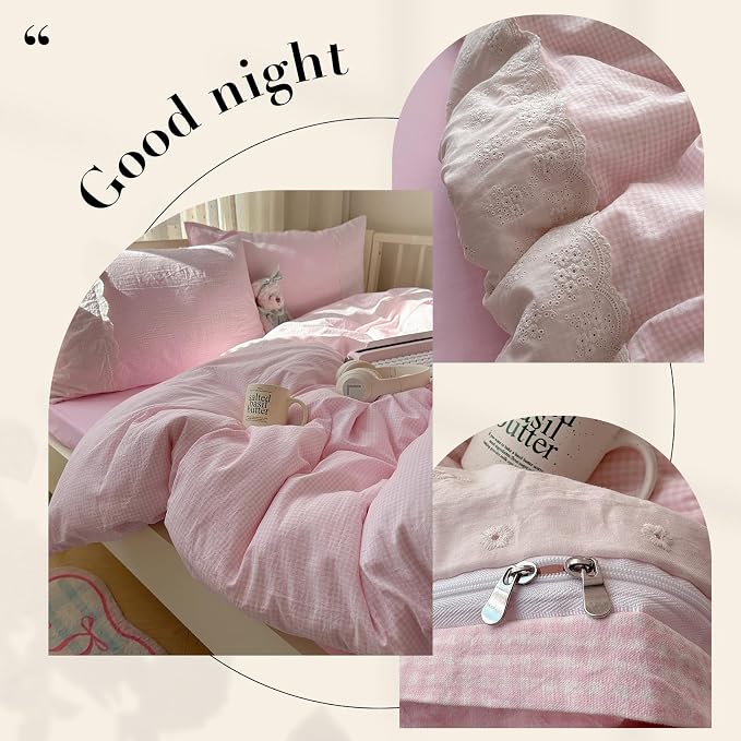 mixinni Pink White Gingham Duvet Cover Twin XL Size - 3 Piece Cottagecore Plaid Bedding Set with Lace Trim, Soft Washed Microfiber Vintage Aesthetic Grid Comforter Cover & Pillow Shams