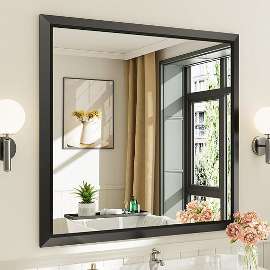 Black Metal Framed Bathroom Wall Mirror, 40x38 Inch | Anti-rust, HD tempered glass, for bathroom vanity, bedroom, living room, horizontal or vertical mount