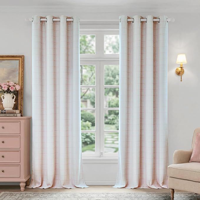 Beauoop Pink Plaid Jacquard Blackout Curtains for Bedroom 52x96 2 Panels | Gingham Checkered Room Darkening Drapes for Living Room 96 Inch Long Thermal Insulated Soundproof Window treatment Grommet
