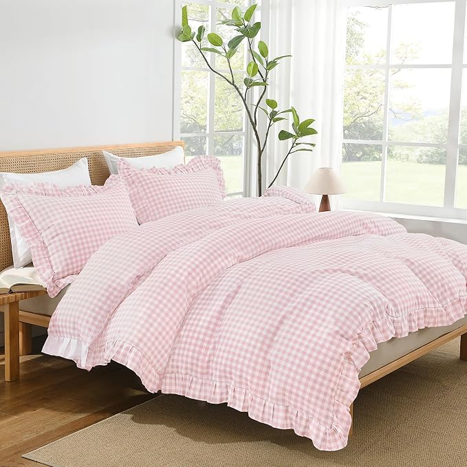 Andency Pink Gingham Duvet Cover King, Ruffle Shabby Chic Bedding Set 3 Pcs | Farmhouse Soft Pre-Washed Polyester Comforter Cover with Zipper Closure & Corner Ties, 104x90Inch