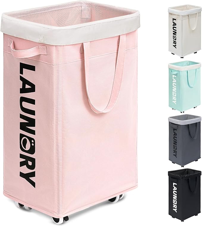 Goodpick 75L Laundry Hamper with Wheels, Dorm Room Essentials for Girls | Rolling Laundry Basket with Handles for Dirty Clothes, Fodable Hamper for Laundry Room, College Dorm, Pink