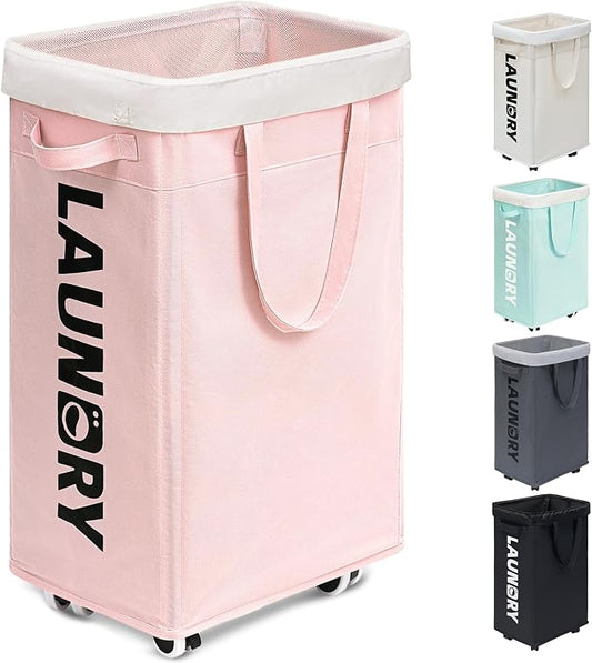 Goodpick 75L Laundry Hamper with Wheels, Dorm Room Essentials for Girls | Rolling Laundry Basket with Handles for Dirty Clothes, Fodable Hamper for Laundry Room, College Dorm, Pink