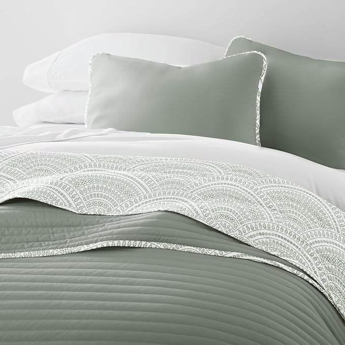 Merit Linens Soft Quilt Coverlet Bedding Set - Pattern/Solid Reversible - Full/Queen Eucalyptus