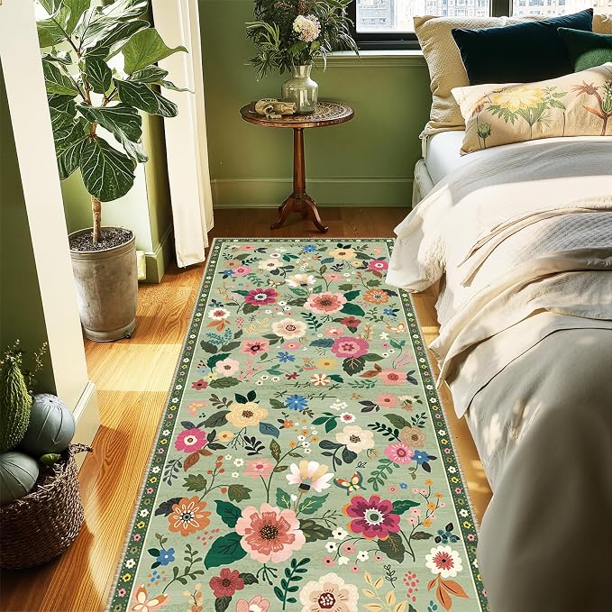 Floral Washable 2x10 Area Rugs Runner Entryway Hallway LightGreen | Flower Carpet, Print, Boho, Non-Slip, Easy to Clean, Low Pile, Soft, for Living Room Bedroom Kitchen Office Entrance