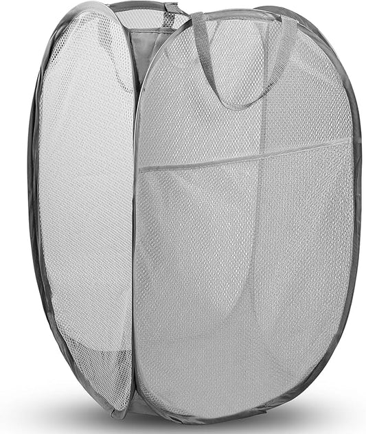 Pop Up Laundry Hamper, 70 L Collapsible Mesh Basket with Side Pocket, Gray | Reinforced handles, breathable fabric, foldable, portable for dorm college travel camping cruise, dirty clothes, toys storage