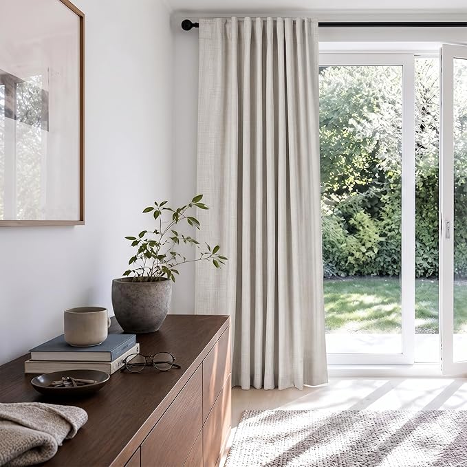 Linen Textured Total Blackout Sliding Door Curtains 90 Inches Long, Beige | 100% Blackout Shield Back Tab/Rod Pocket Sliding Door Curtains, Thermal Insulated Curtains 1 Panel Set, 100"W x 90"L