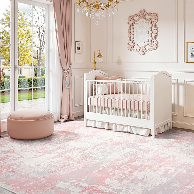 Rugflix 8x10 Area Rugs for Bedroom, Washable Pink Large Rug | Machine Washable; Stain-Resistant; Low Pile; Non-Slip; Modern Abstract; Carpet for Nursery Girls Room Living Office Home