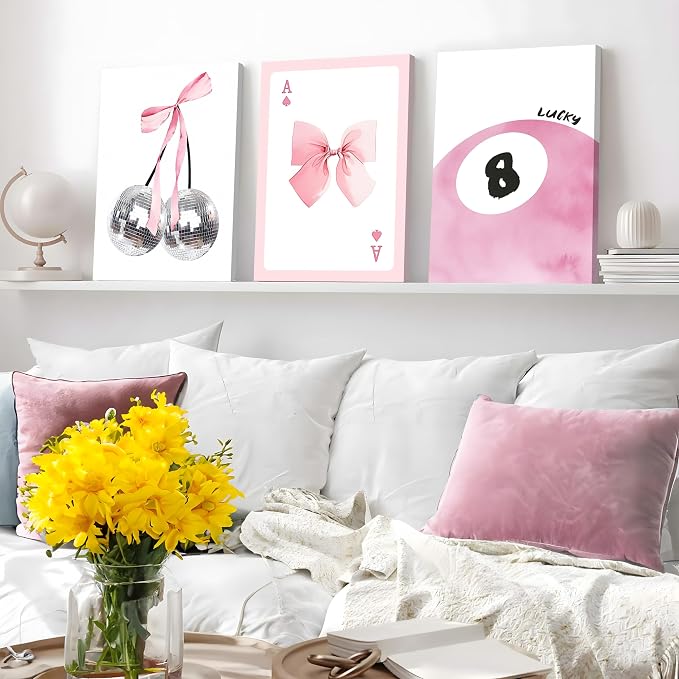 Framed Pink Canvas Wall Decor Set of 3, Pink Bow Wall Art Oil Painting, Girls Preppy Room Decor Picture, Trendy Disco Ball Print Poster for Teen Girl Apartment Bedroom Living Room Aesthetic 12x16 Inch