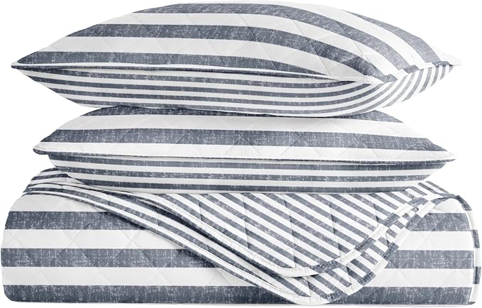 Merit Linens 3 Piece Quilt Set - Super Soft - Lightweight - All Season Quilted Coverlet - Timeless Patterns - Full/Queen Dusk Blue