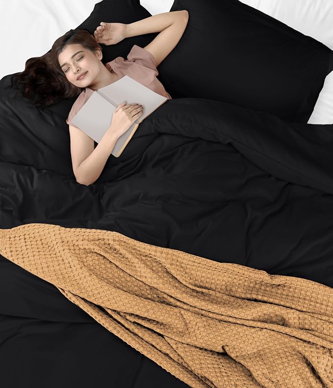 Duvet Cover Full, 3 Piece Cotton Like Polyester With Zipper Closure, Black | Extra Soft and Breathable, Wrinkle & Fade Resistant, Includes Duvet Cover and 2 Pillow Shams, Comforter Not Included, OekoTex