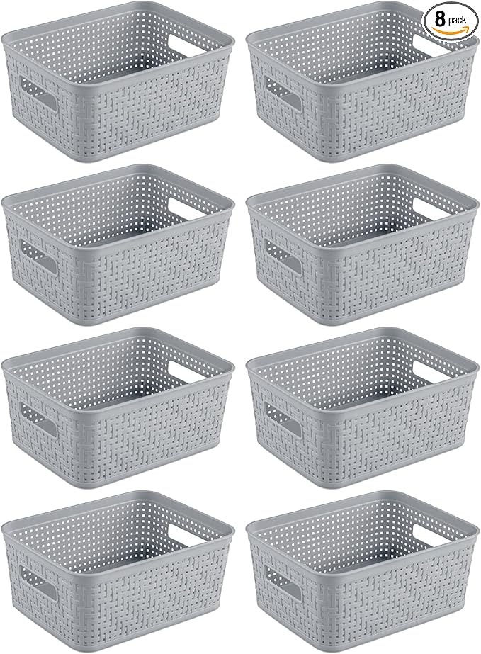 Sterilite 8 Pack Plastic Storage Bin Organization Containers, Small Baskets, Cement