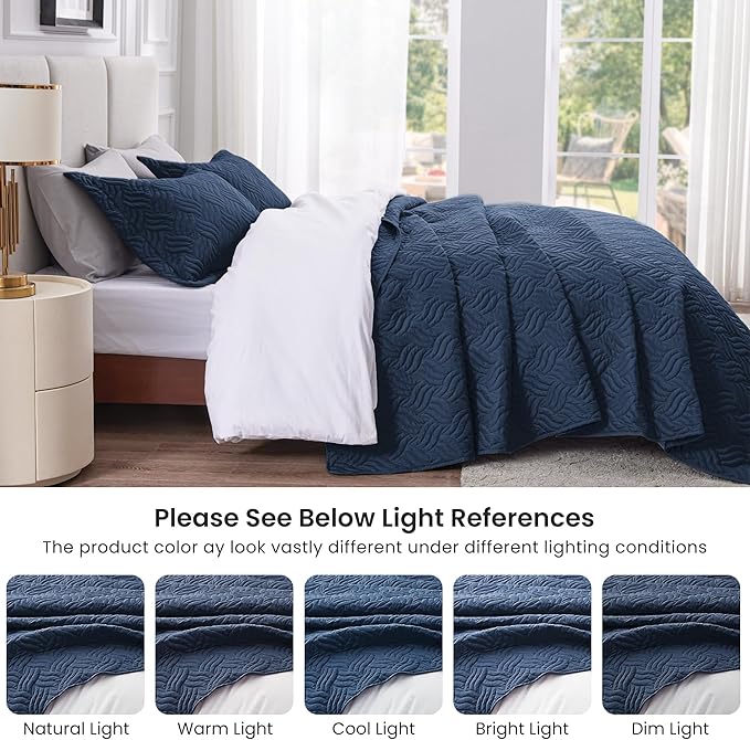 Love's cabin Quilts for Queen Bed Navy Blue Bedspreads - Soft Bed Summer Lightweight Bedspread Comforter - Modern Style Wave Pattern Coverlet for All Season - 3 Pieces (1 Quilt, 2 Pillow Shams)