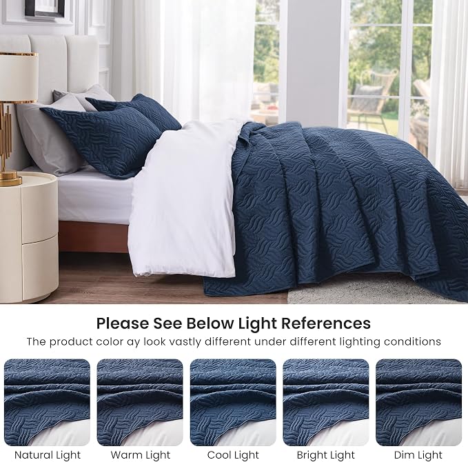 Love's cabin California King Size Quilt Bedding Set Navy Bedspread - Cal King Summer Lightweight Bedspread Comforter - Wave Pattern Coverlet for All Season - 3 Pieces (1 Quilt, 2 Pillow Shams)