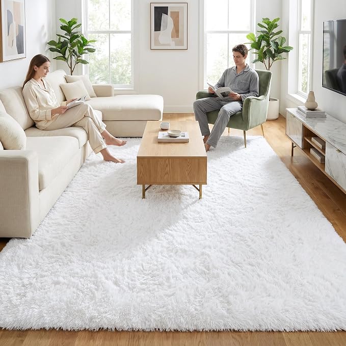 Soft Modern Indoor Large Shaggy Rug for Livingroom Bedroom Dorm Kids Room Home Decorative, Non-Slip Plush Fluffy Furry Fur Area Rugs Comfy Nursery Accent Floor Carpet 8x10 Feet, White