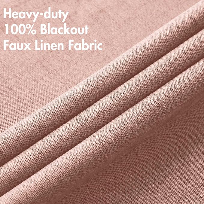 MIULEE 100% Blackout Linen Curtains for Bedroom 52x84 Inches Blush Pink | Room Darkening, Light Blocking, Thermal Insulated, Grommet Top, Linen Textured, Window Curtains for Living Room, 2 Panels