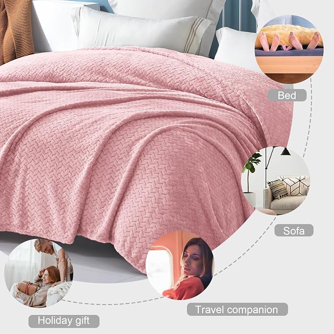 Exclusivo Mezcla Soft Fleece Bed Blanket King Size, 90”x104”, Pink | Cozy Fluffy Lightweight Blankets for Summer, Decorative Plush Flannel Throws for Living Room, Bedroom with Leaves Pattern