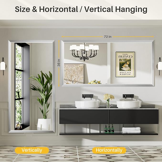 Bathroom Wall Mirror, Silver Brushed Nickel Metal Frame, 72x36 Inch | Anti-rust, HD tempered glass, for bathroom vanity, bedroom, living room, horizontal or vertical mount