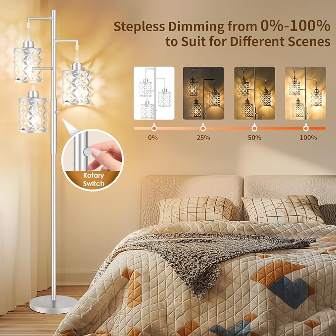 72" Modern Tree Floor Lamp, Dimmable Minimalist Tall Standing Lamp with Metal Cages & Rotary Dimmer Knob, Corner Decor Lighting for Living Room Bedroom Cafe, 3 x 800LM Bulbs Included-Silver